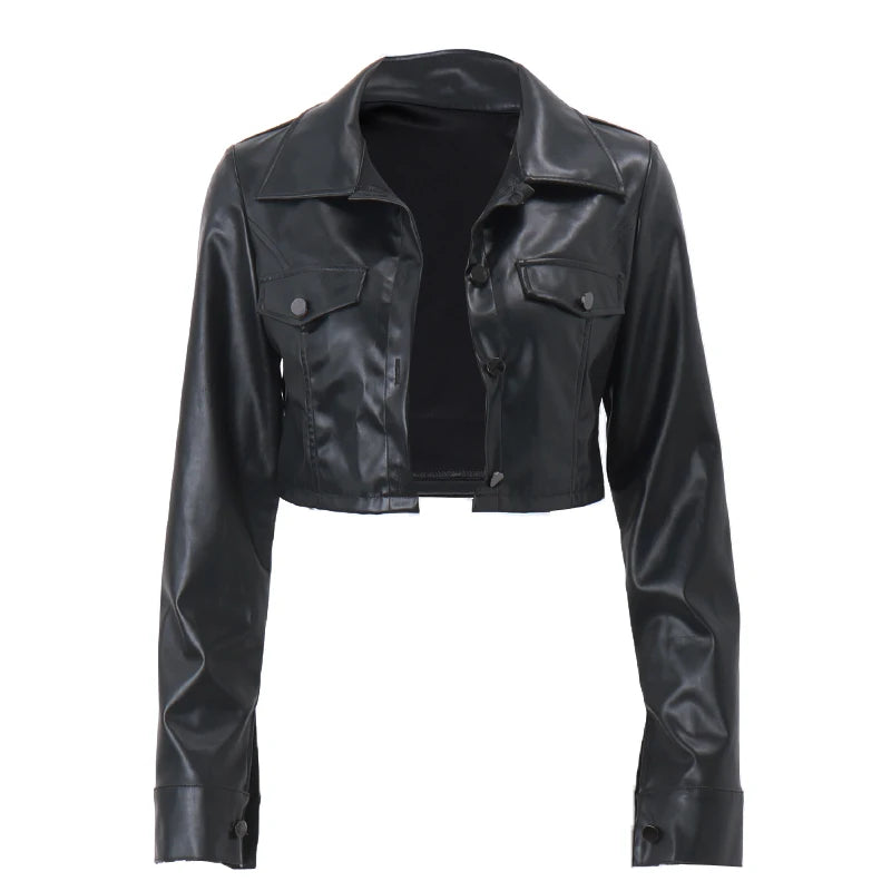 Harlow – Women’s Faux Leather Cropped Jacket with Button Front
