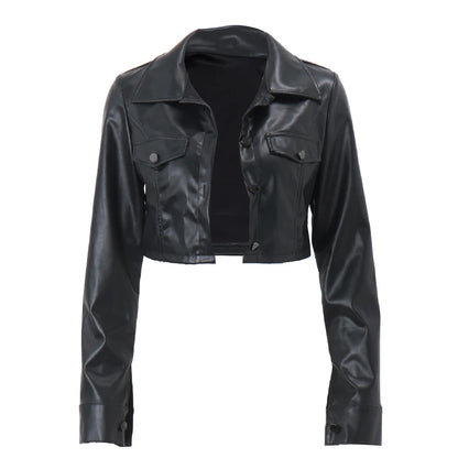 Harlow – Women’s Faux Leather Cropped Jacket with Button Front