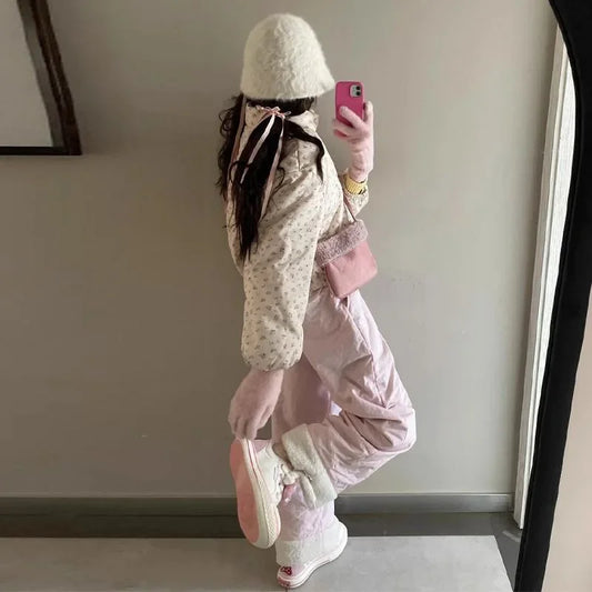 Madilynn – Women’s Pink Fleece Wide-Leg Pants with High Waist