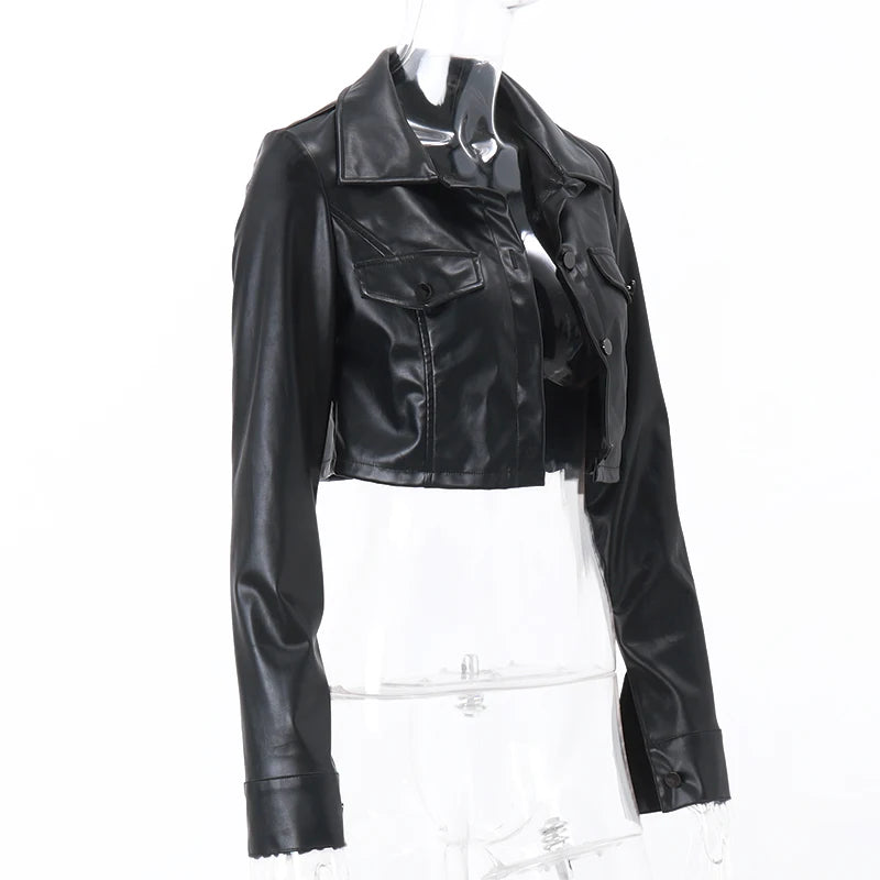 Harlow – Women’s Faux Leather Cropped Jacket with Button Front