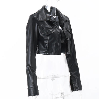 Harlow – Women’s Faux Leather Cropped Jacket with Button Front