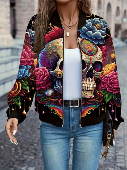 Gia – Women’s Graphic Print Zip Bomber Jacket with Skull Design