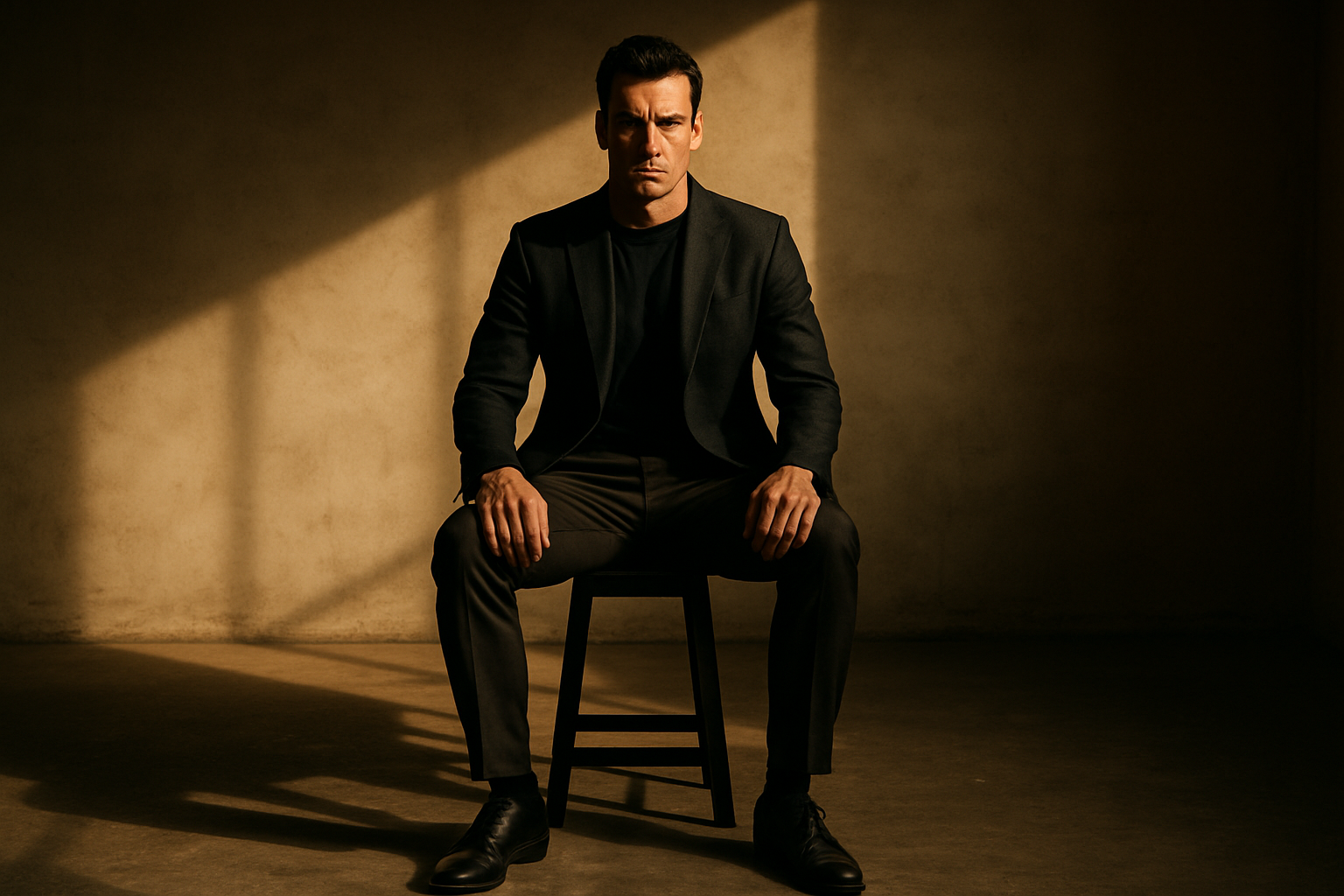 A striking portrait of a man sitting upright on a long stool in an empty room. Strong directional lighting highlights his posture. The man exudes confidence and power, dressed in smart casual or tailored clothing, looking directly at the camera. Cinematic photography style, bold contrast, editorial fashion shoot mood.