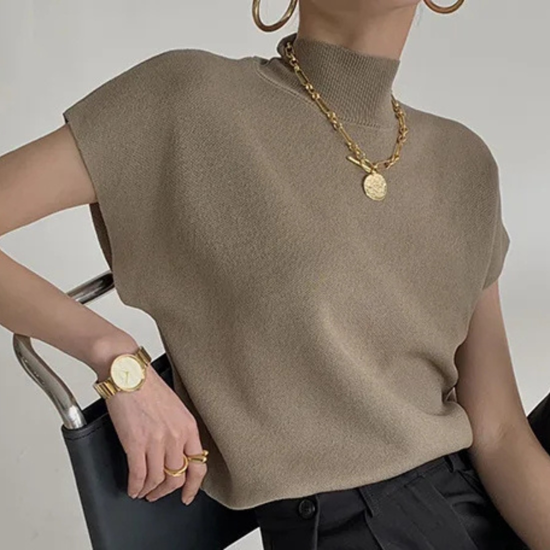 Aaliyah – Women’s Vintage Knit Blouse with Mock Neck Sleeveless Design - Auvrya