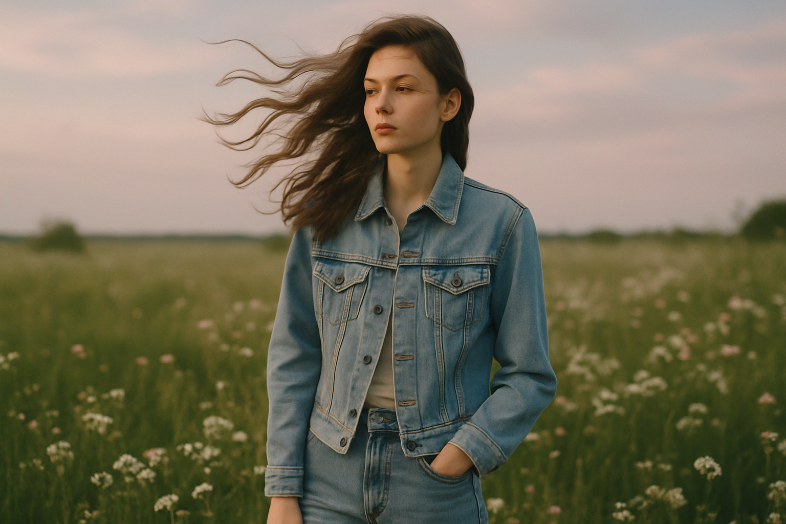Aesthetic outdoor fashion photography of a young female/male standing in a blooming meadow, wearing a light denim jacket and jeans. Natural light, soft tones, pastel sky, long flowing hair blowing in the wind, cinematic composition, editorial magazine style, high detail, dreamy atmosphere, shallow depth of field, professional photography look.