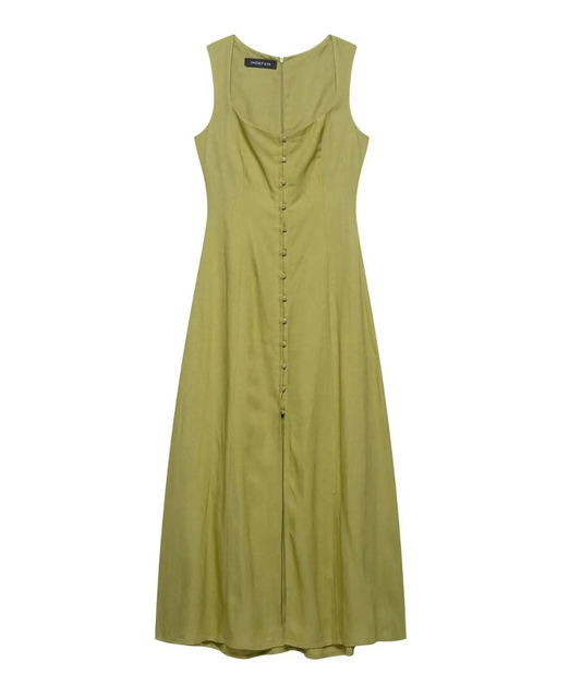 Alice – Women’s Green Sleeveless Midi Dress with Square Neckline & Buttons - Auvrya