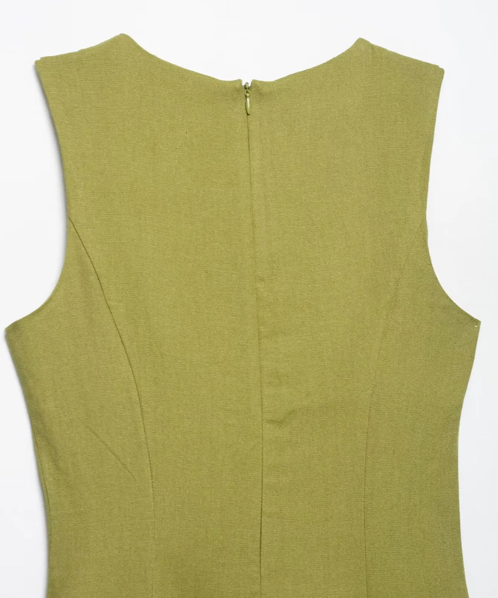 Alice – Women’s Green Sleeveless Midi Dress with Square Neckline & Buttons - Auvrya