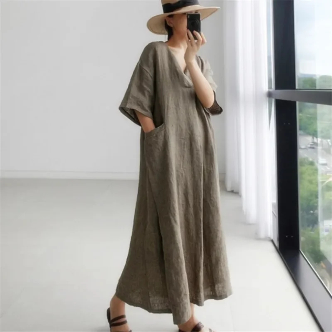 Anna – Women’s Maxi Shirt Dress V-Neck Loose Fit Cotton Linen Style - Auvrya