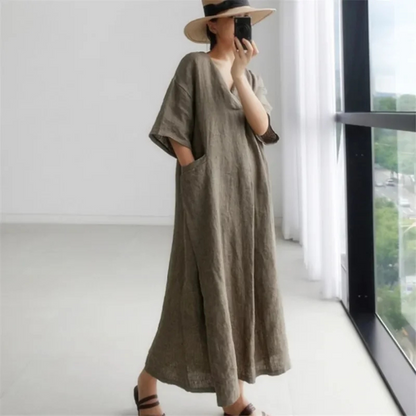 Anna – Women’s Maxi Shirt Dress V-Neck Loose Fit Cotton Linen Style - Auvrya
