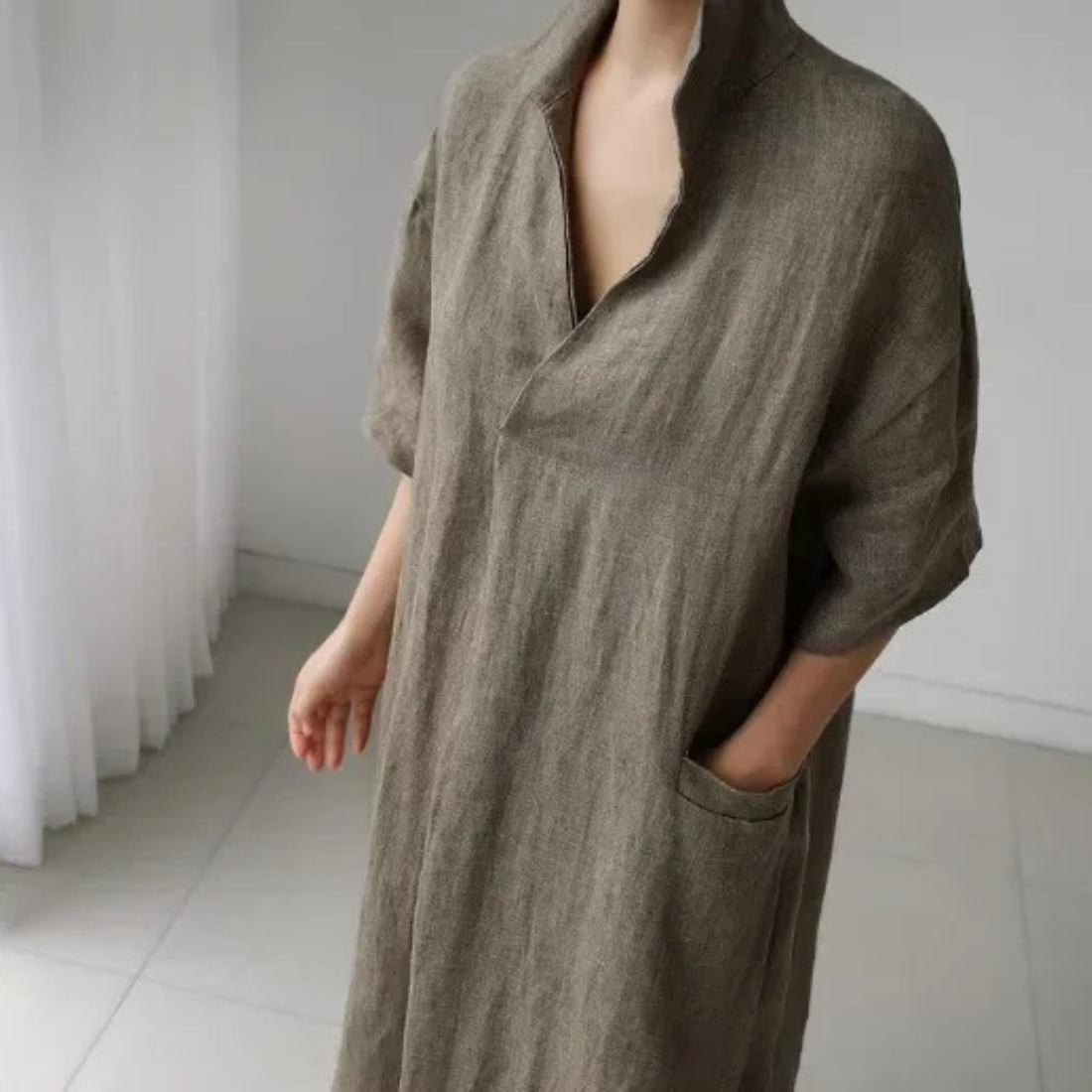 Anna – Women’s Maxi Shirt Dress V-Neck Loose Fit Cotton Linen Style - Auvrya