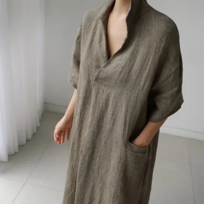 Anna – Women’s Maxi Shirt Dress V-Neck Loose Fit Cotton Linen Style - Auvrya