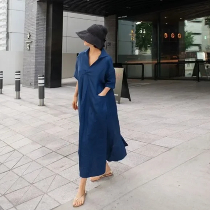 Anna – Women’s Maxi Shirt Dress V-Neck Loose Fit Cotton Linen Style - Auvrya