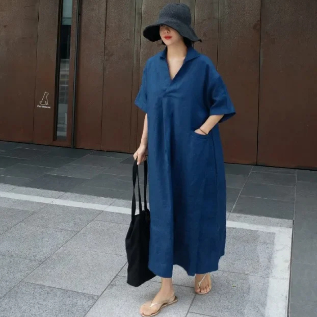 Anna – Women’s Maxi Shirt Dress V-Neck Loose Fit Cotton Linen Style - Auvrya