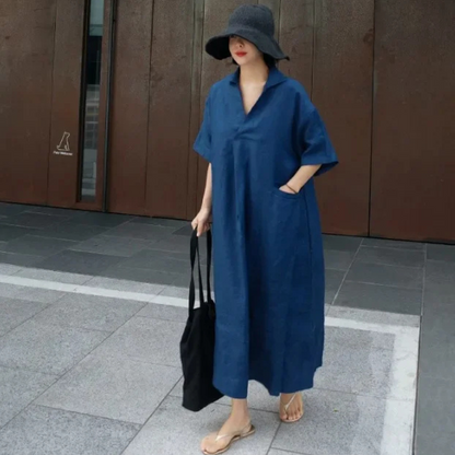 Anna – Women’s Maxi Shirt Dress V-Neck Loose Fit Cotton Linen Style - Auvrya