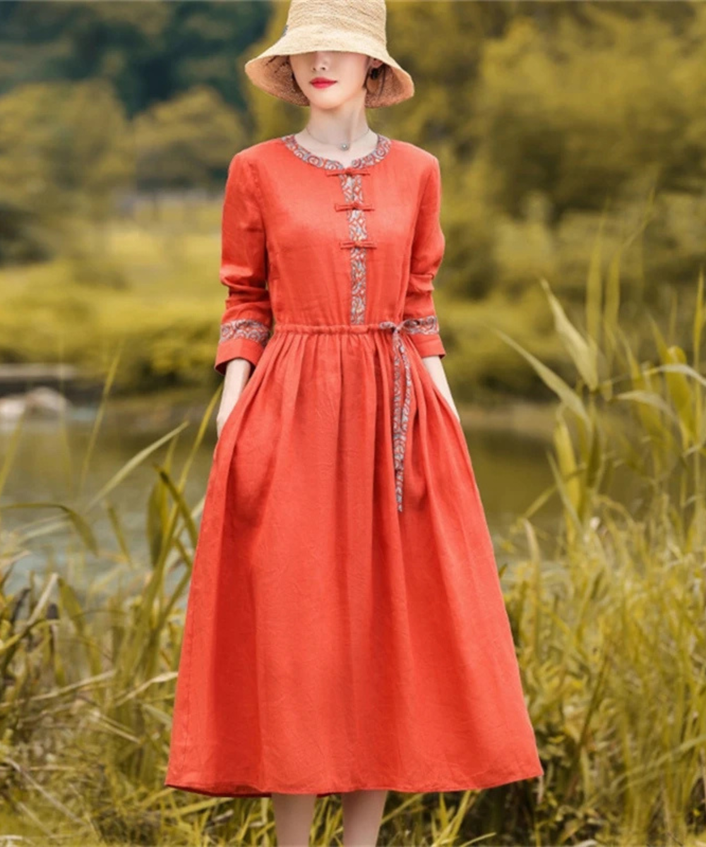 Audrey – Women’s Red Vintage Cotton Linen Midi Dress Loose Fit - Auvrya