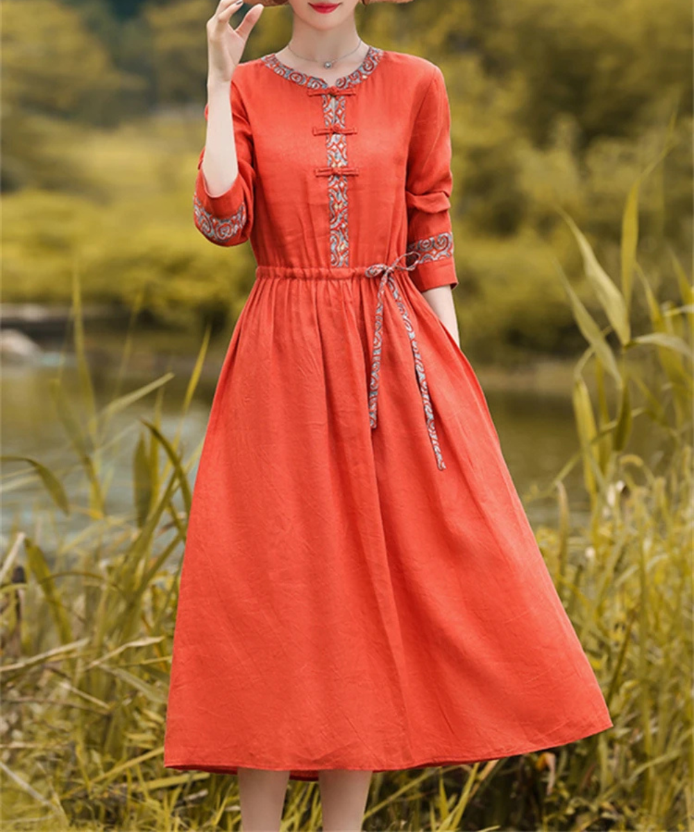 Audrey – Women’s Red Vintage Cotton Linen Midi Dress Loose Fit - Auvrya