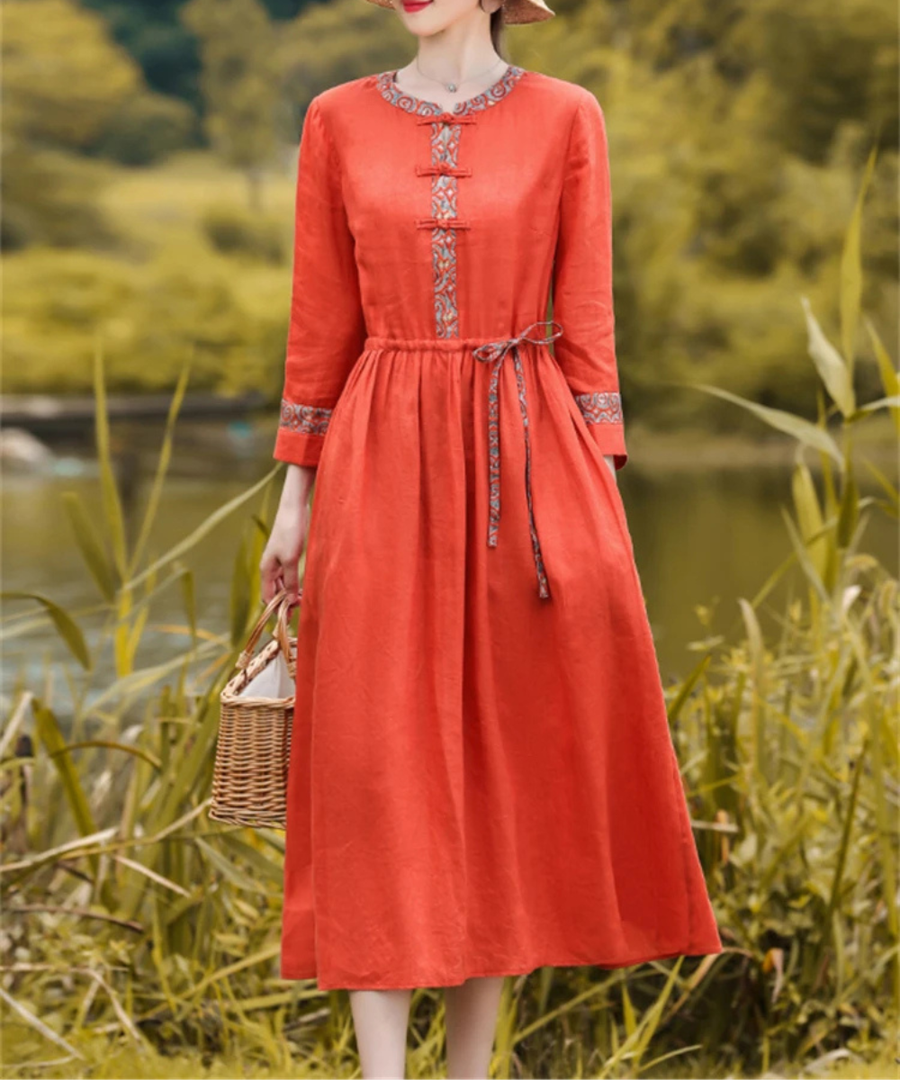 Audrey – Women’s Red Vintage Cotton Linen Midi Dress Loose Fit - Auvrya