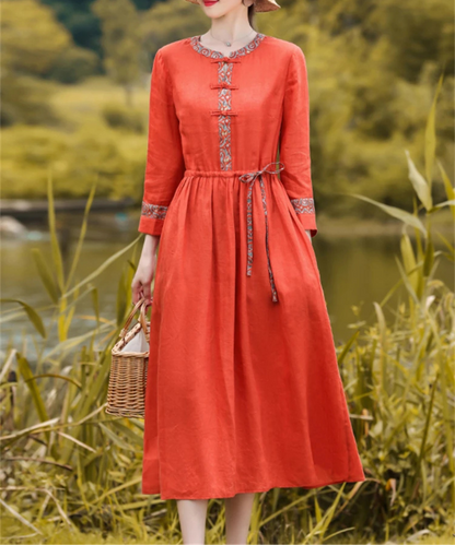Audrey – Women’s Red Vintage Cotton Linen Midi Dress Loose Fit - Auvrya