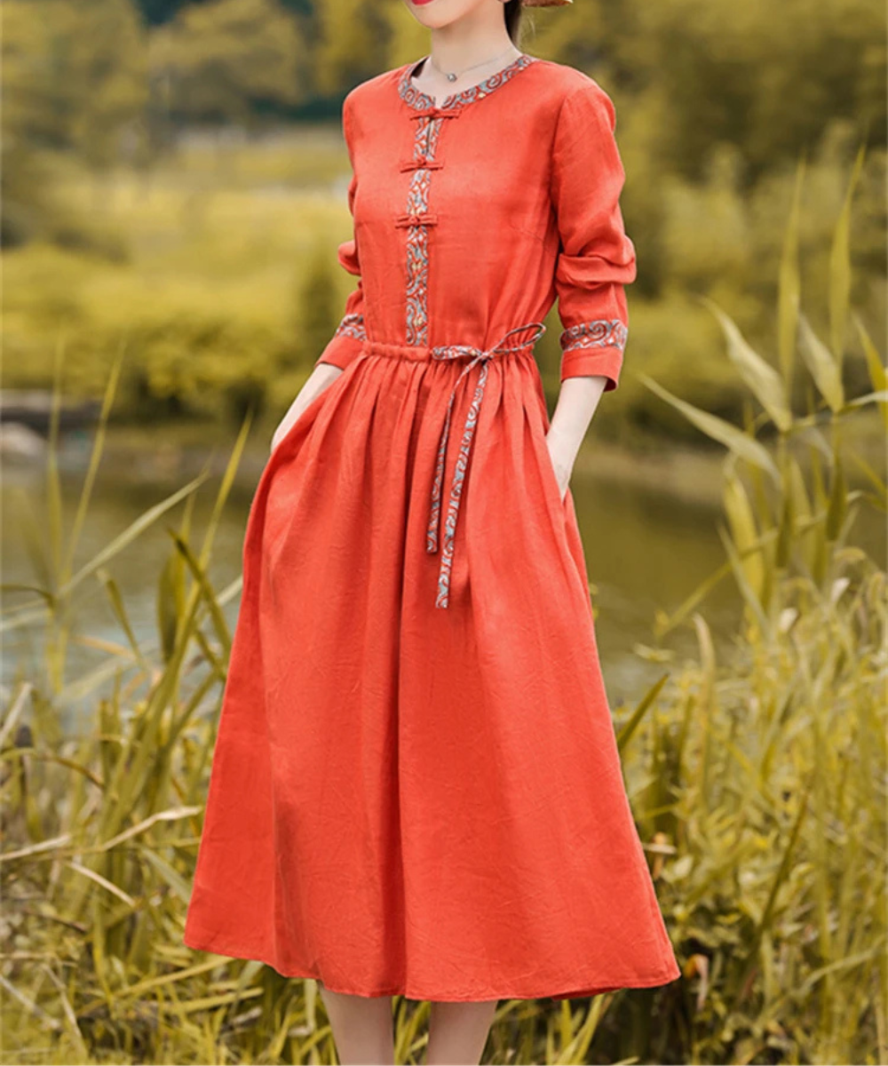 Audrey – Women’s Red Vintage Cotton Linen Midi Dress Loose Fit - Auvrya