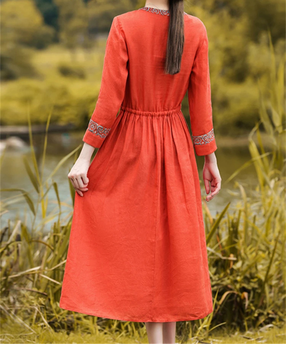 Audrey – Women’s Red Vintage Cotton Linen Midi Dress Loose Fit - Auvrya