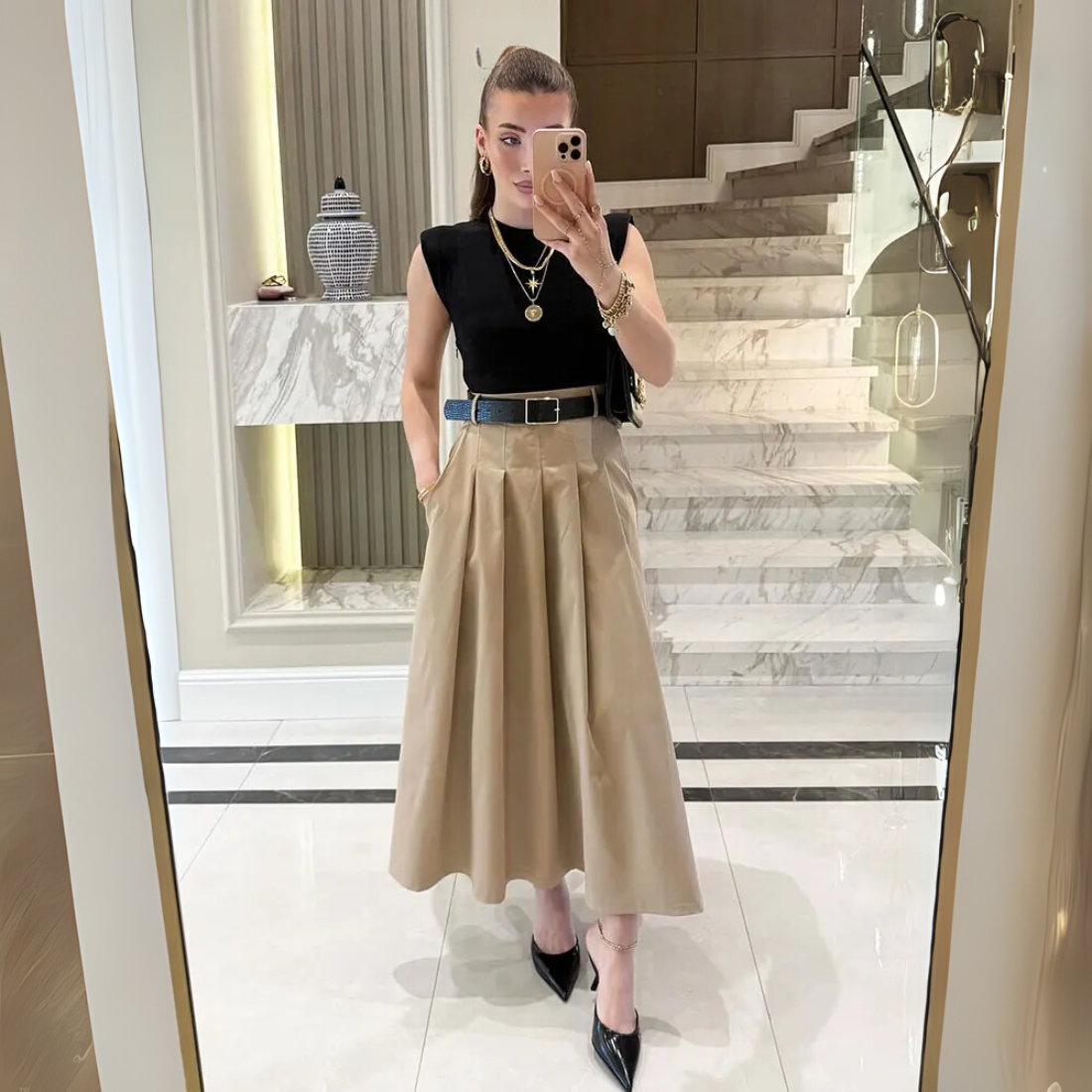 Aurora &ndash; Women&rsquo;s Pleated Midi Dress with Belt Sleeveless Polyester - Auvrya