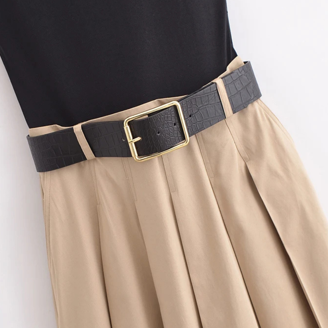 Aurora &ndash; Women&rsquo;s Pleated Midi Dress with Belt Sleeveless Polyester - Auvrya