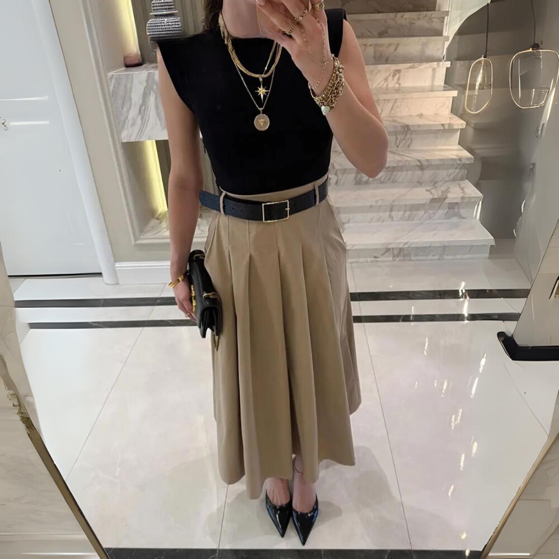 Aurora &ndash; Women&rsquo;s Pleated Midi Dress with Belt Sleeveless Polyester - Auvrya