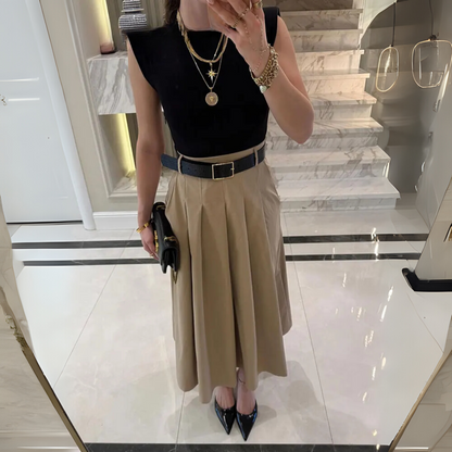 Aurora &ndash; Women&rsquo;s Pleated Midi Dress with Belt Sleeveless Polyester - Auvrya