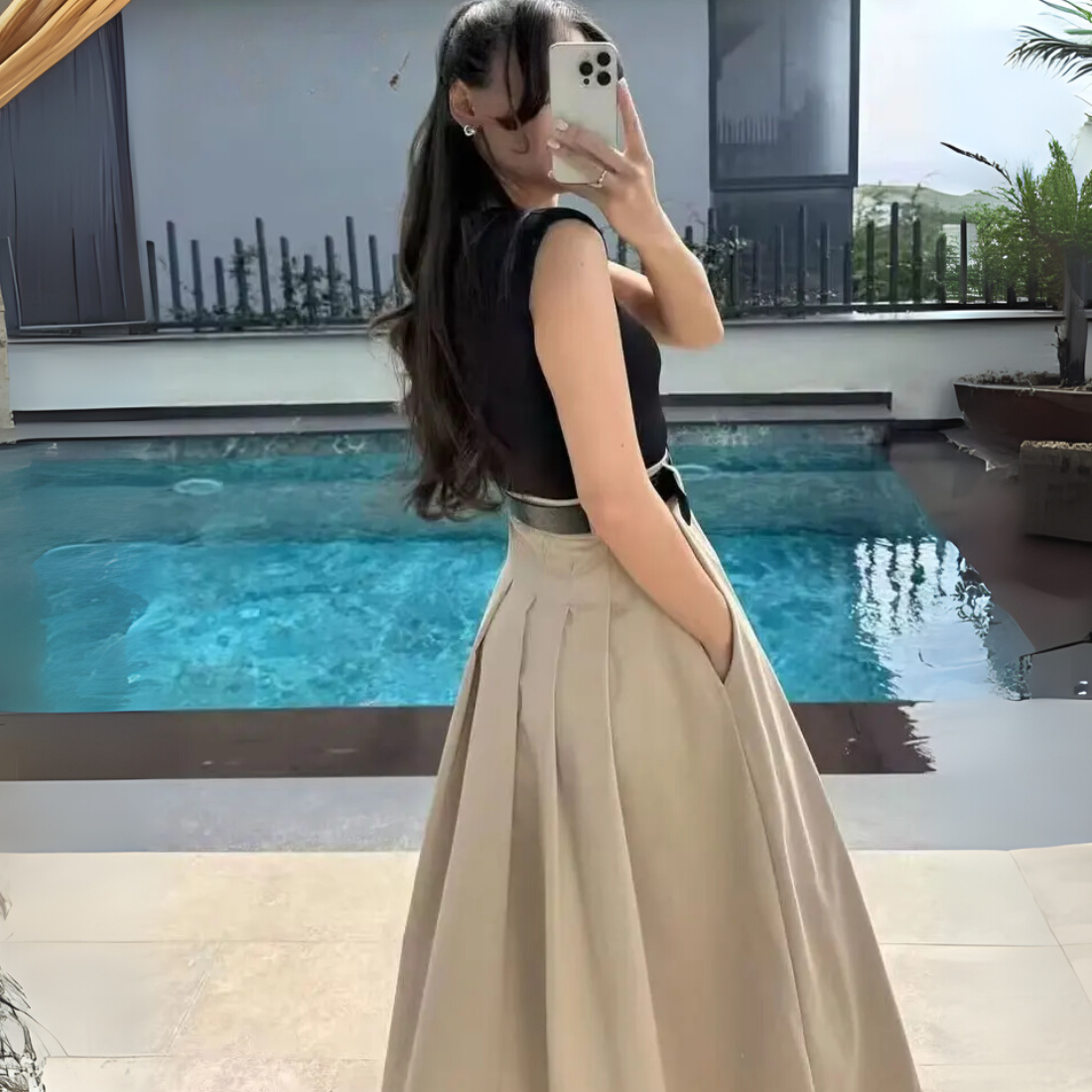 Aurora &ndash; Women&rsquo;s Pleated Midi Dress with Belt Sleeveless Polyester - Auvrya