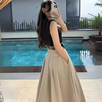 Aurora &ndash; Women&rsquo;s Pleated Midi Dress with Belt Sleeveless Polyester - Auvrya