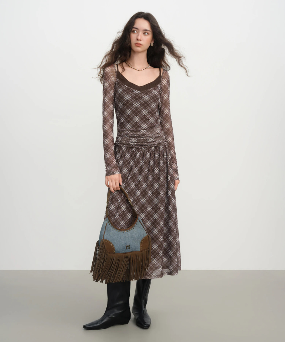 Eliana – Women’s Plaid Two Piece Dress Set with Mesh Top & Midi Skirt - Auvrya