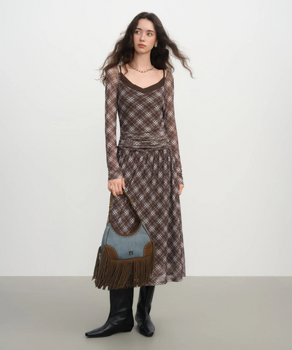 Eliana – Women’s Plaid Two Piece Dress Set with Mesh Top & Midi Skirt - Auvrya