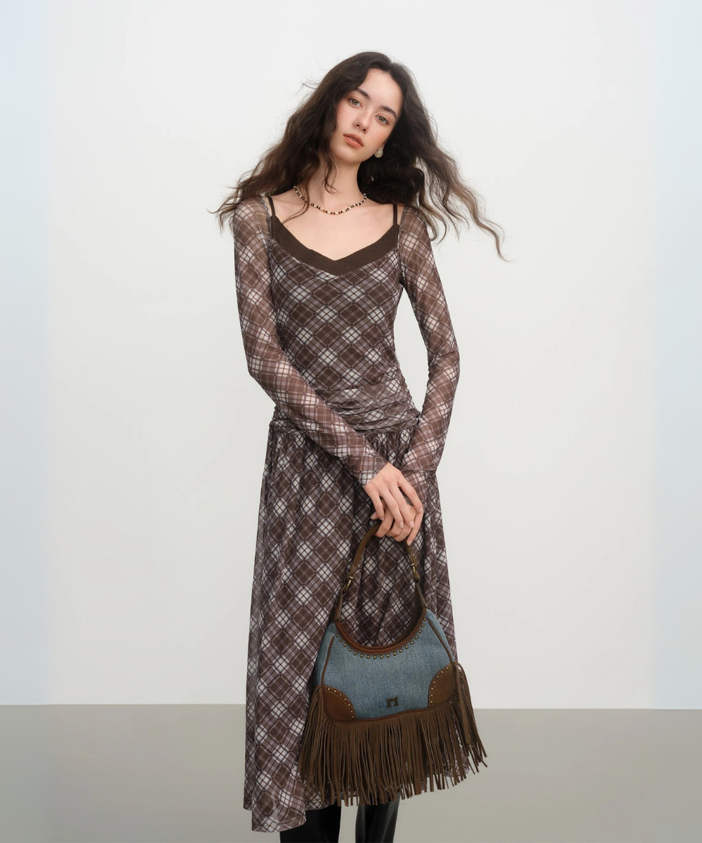 Eliana – Women’s Plaid Two Piece Dress Set with Mesh Top & Midi Skirt - Auvrya