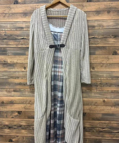 Elizabeth &ndash; Women&rsquo;s Knitted Plaid Midi Dress Sleeveless Two-Piece Set - Auvrya