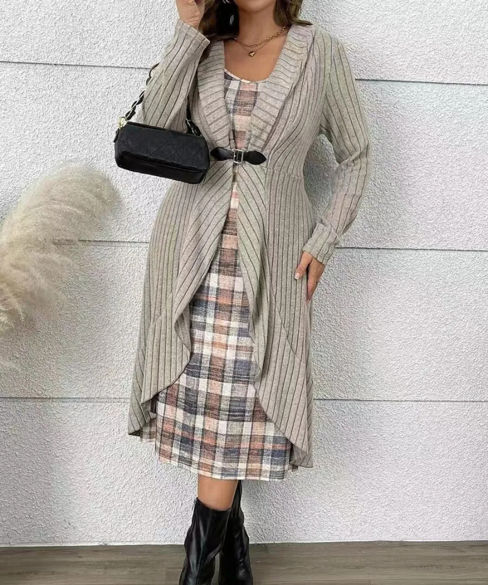 Elizabeth &ndash; Women&rsquo;s Knitted Plaid Midi Dress Sleeveless Two-Piece Set - Auvrya