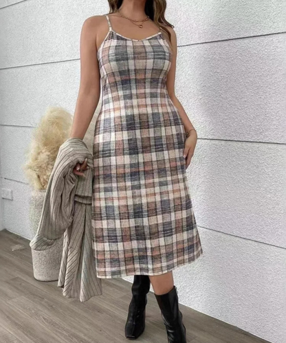 Elizabeth &ndash; Women&rsquo;s Knitted Plaid Midi Dress Sleeveless Two-Piece Set - Auvrya