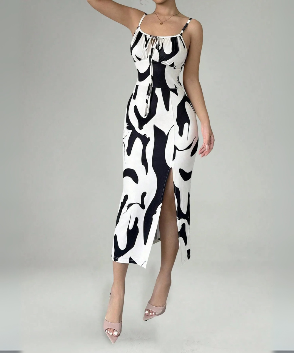 Ellie &ndash; Women&rsquo;s Midi Dress Zebra Print with Camisole Straps &amp; Side Slit - Auvrya