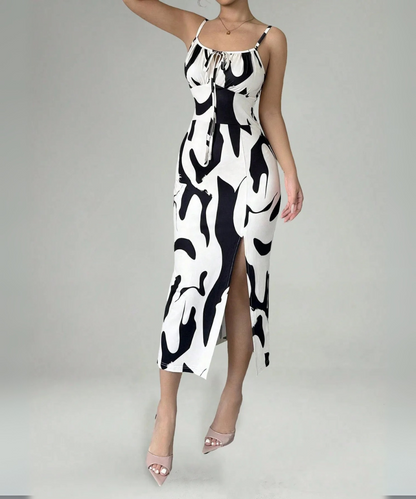 Ellie &ndash; Women&rsquo;s Midi Dress Zebra Print with Camisole Straps &amp; Side Slit - Auvrya