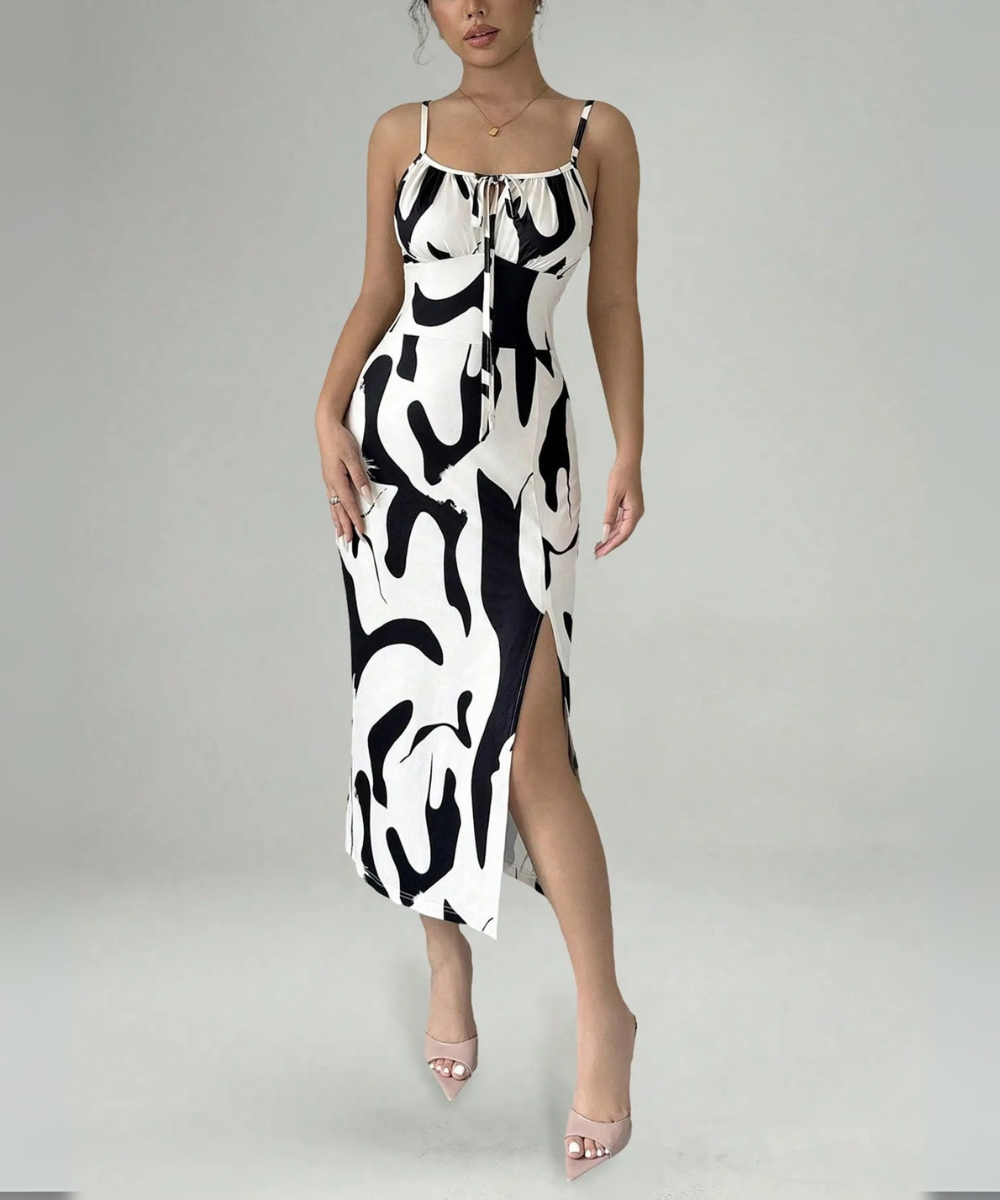Ellie &ndash; Women&rsquo;s Midi Dress Zebra Print with Camisole Straps &amp; Side Slit - Auvrya