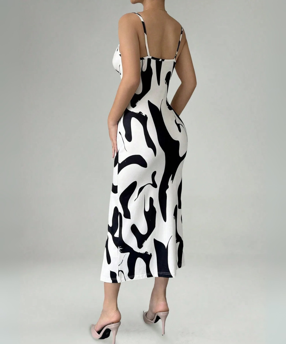 Ellie &ndash; Women&rsquo;s Midi Dress Zebra Print with Camisole Straps &amp; Side Slit - Auvrya
