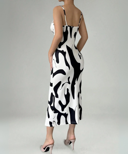 Ellie &ndash; Women&rsquo;s Midi Dress Zebra Print with Camisole Straps &amp; Side Slit - Auvrya