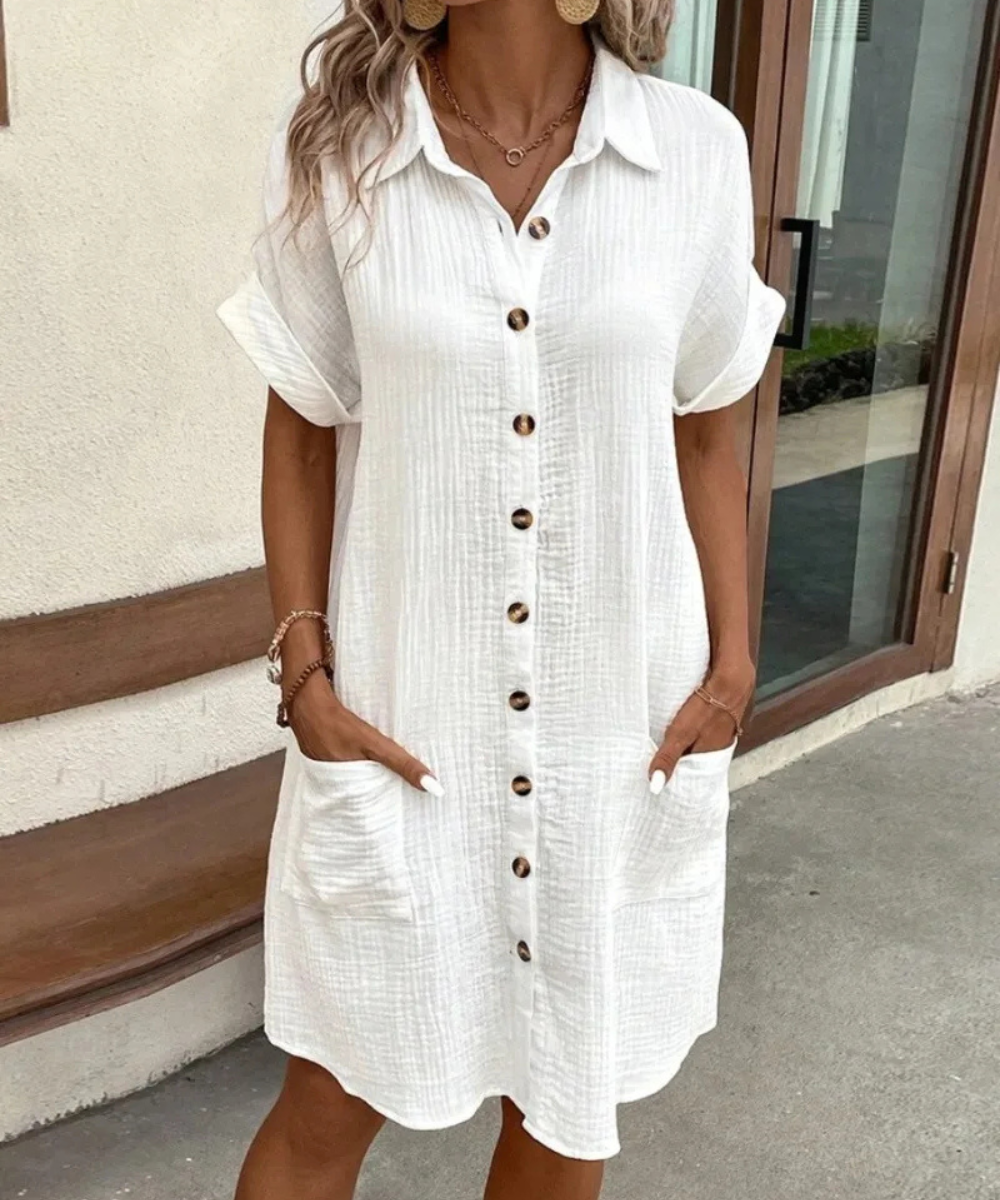 Eva – Women’s White Cotton Linen Button-Down Shirt Dress with Pockets - Auvrya
