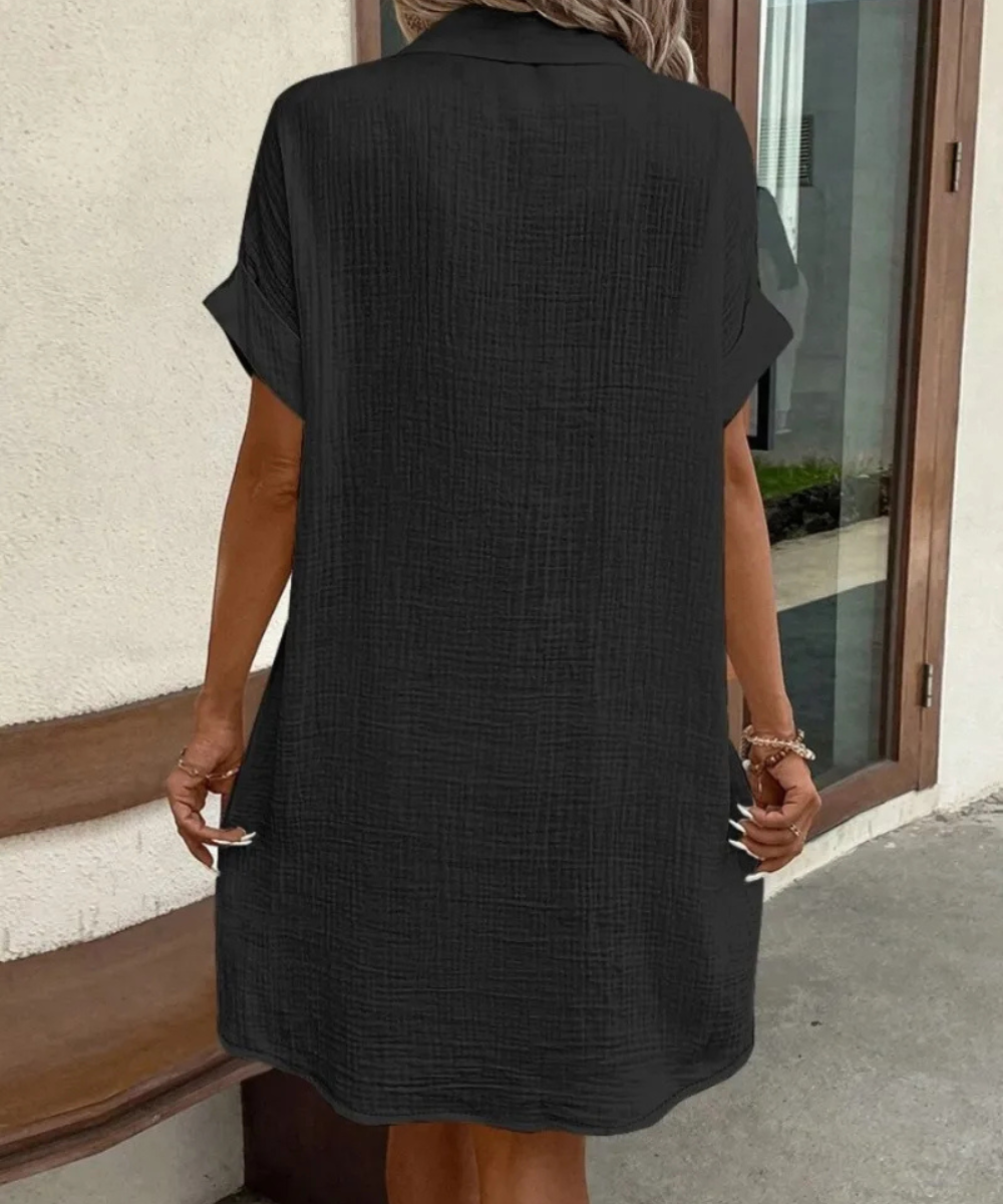 Eva – Women’s White Cotton Linen Button-Down Shirt Dress with Pockets - Auvrya