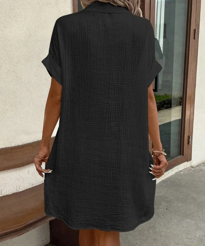 Eva – Women’s White Cotton Linen Button-Down Shirt Dress with Pockets - Auvrya