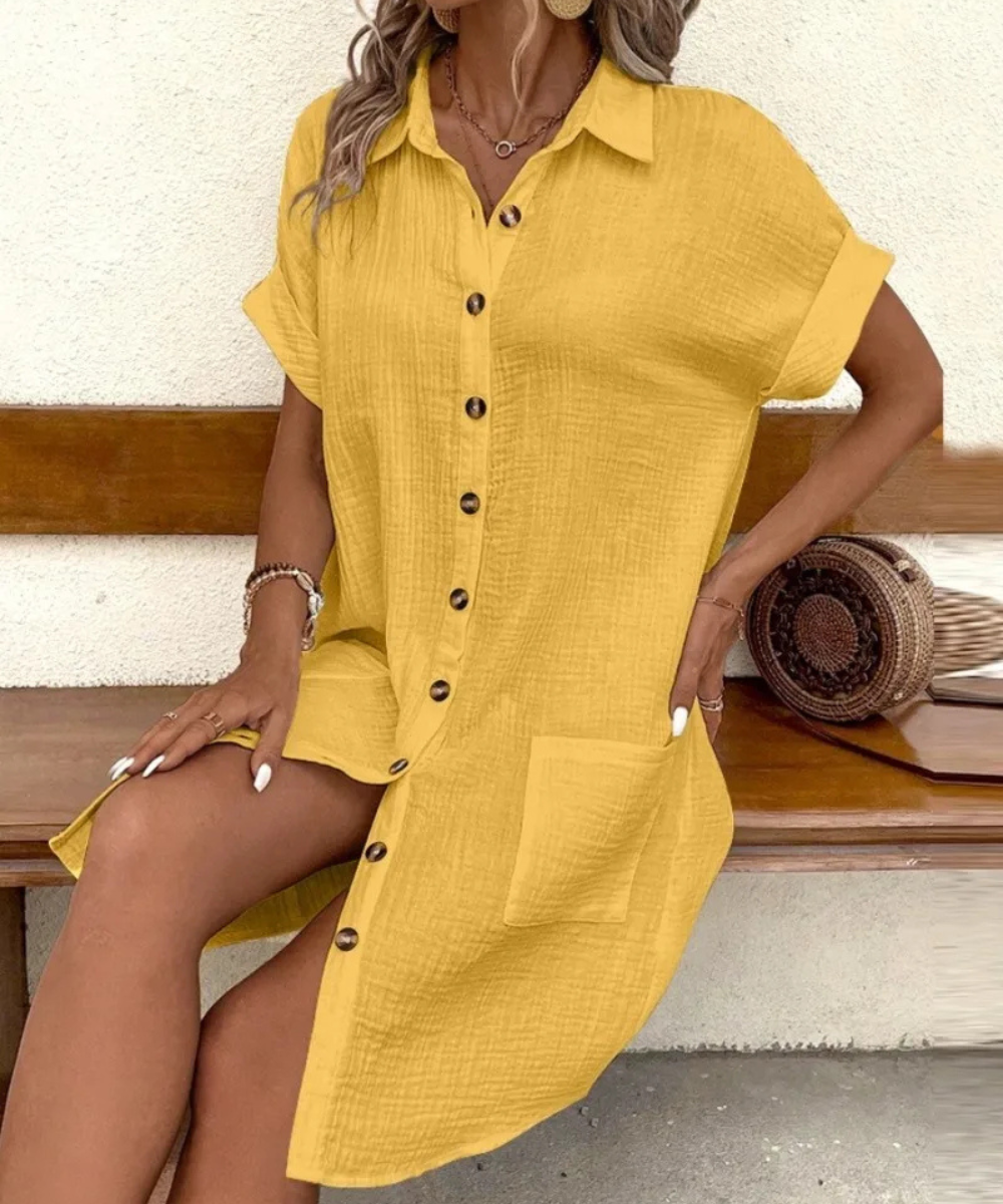 Eva – Women’s White Cotton Linen Button-Down Shirt Dress with Pockets - Auvrya