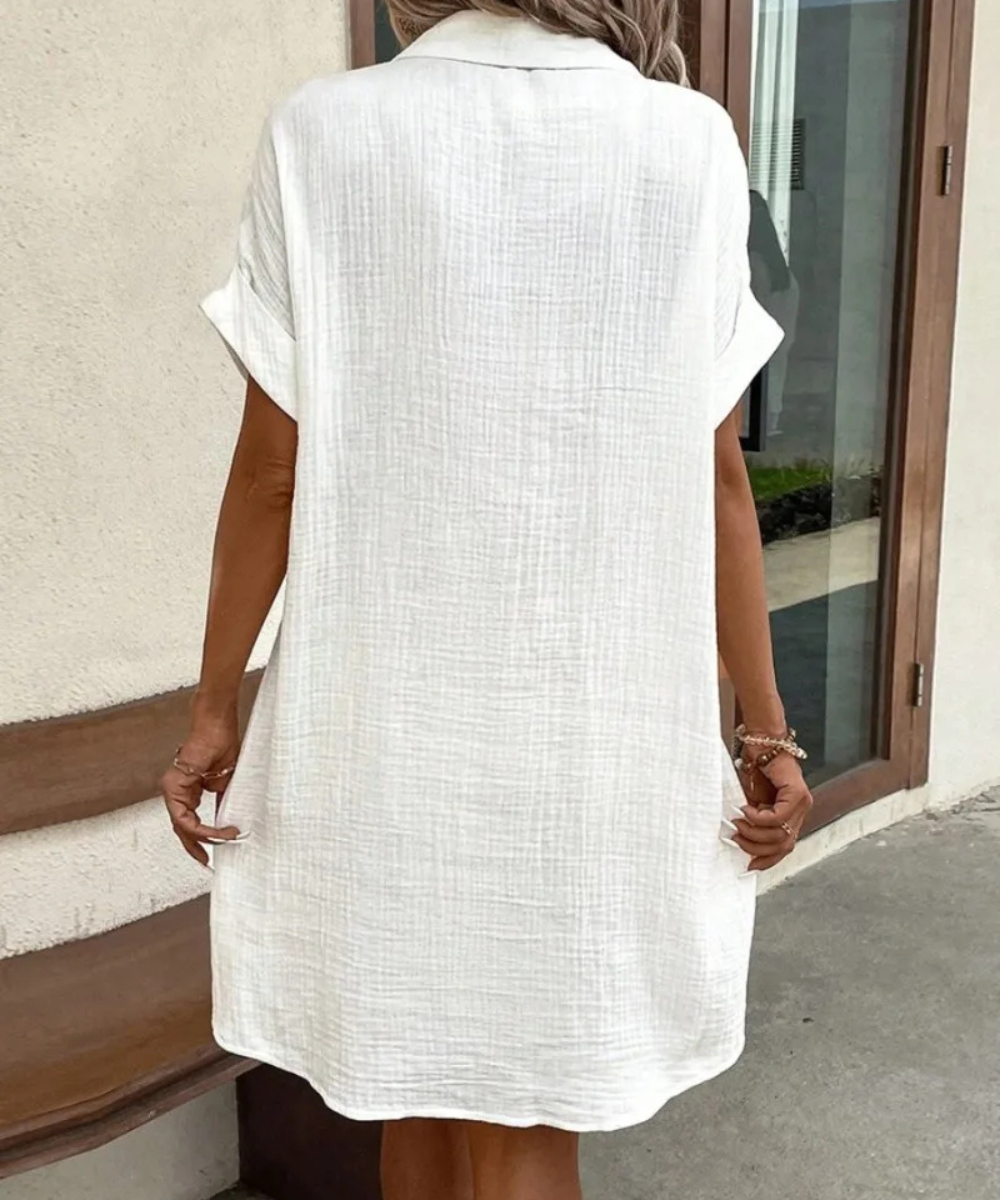 Eva – Women’s White Cotton Linen Button-Down Shirt Dress with Pockets - Auvrya