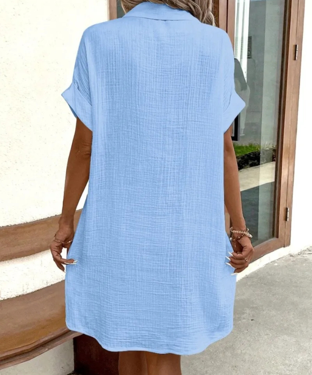 Eva – Women’s White Cotton Linen Button-Down Shirt Dress with Pockets - Auvrya