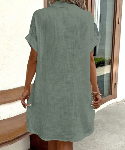 Eva – Women’s White Cotton Linen Button-Down Shirt Dress with Pockets - Auvrya