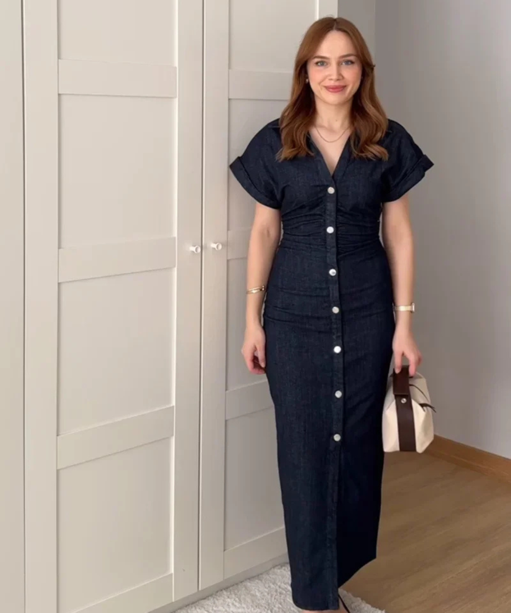 Evelyn &ndash; Women&rsquo;s Denim Midi Dress Slim Fit with Ruched Waist - Auvrya