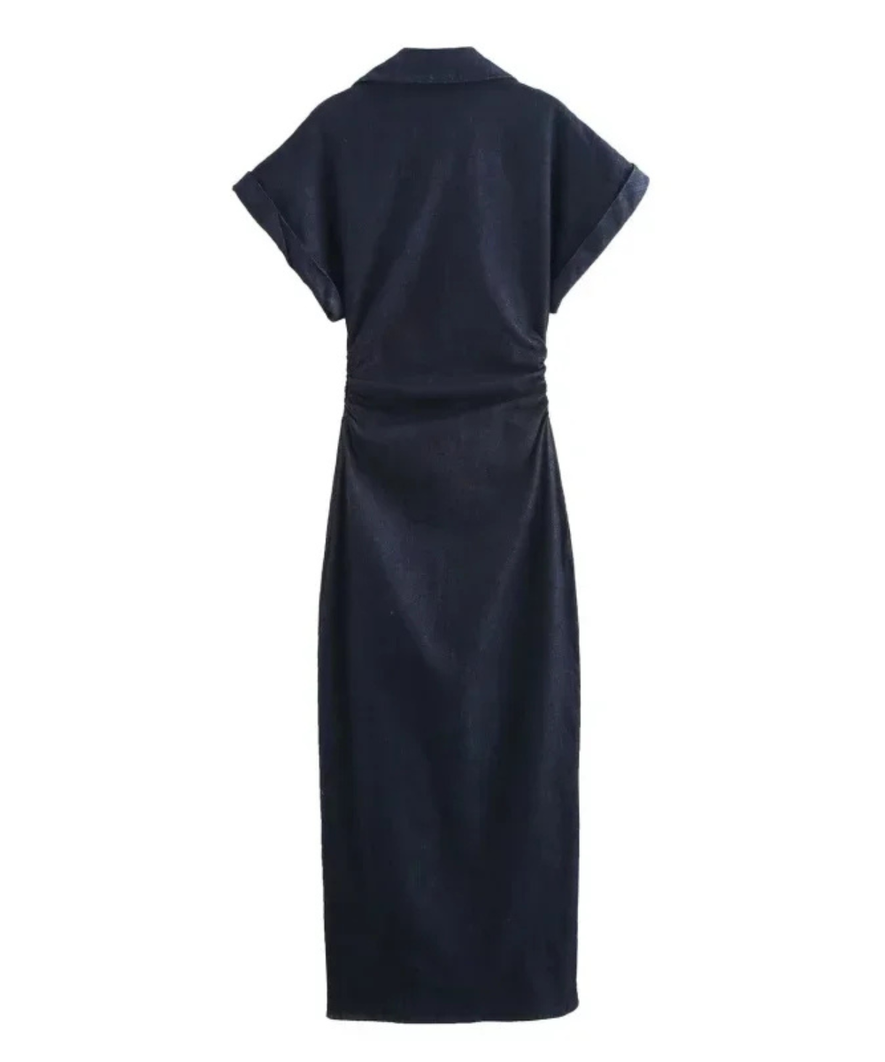 Evelyn &ndash; Women&rsquo;s Denim Midi Dress Slim Fit with Ruched Waist - Auvrya